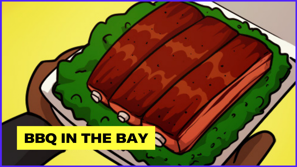 Illustration of a rack of ribs on a plate of greens. The text reads "BBQ in the Bay."