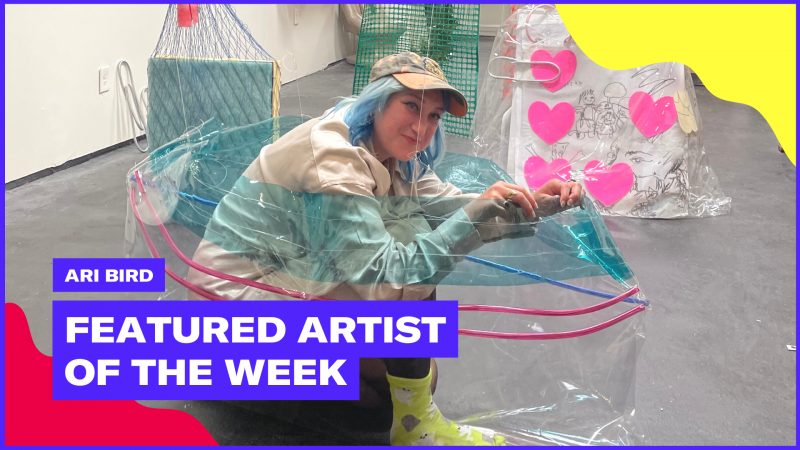 Artist crouches and smiles inside a giant ziploc baggie installation. text overlay reads: "Ari Bird, featured artist of the week"