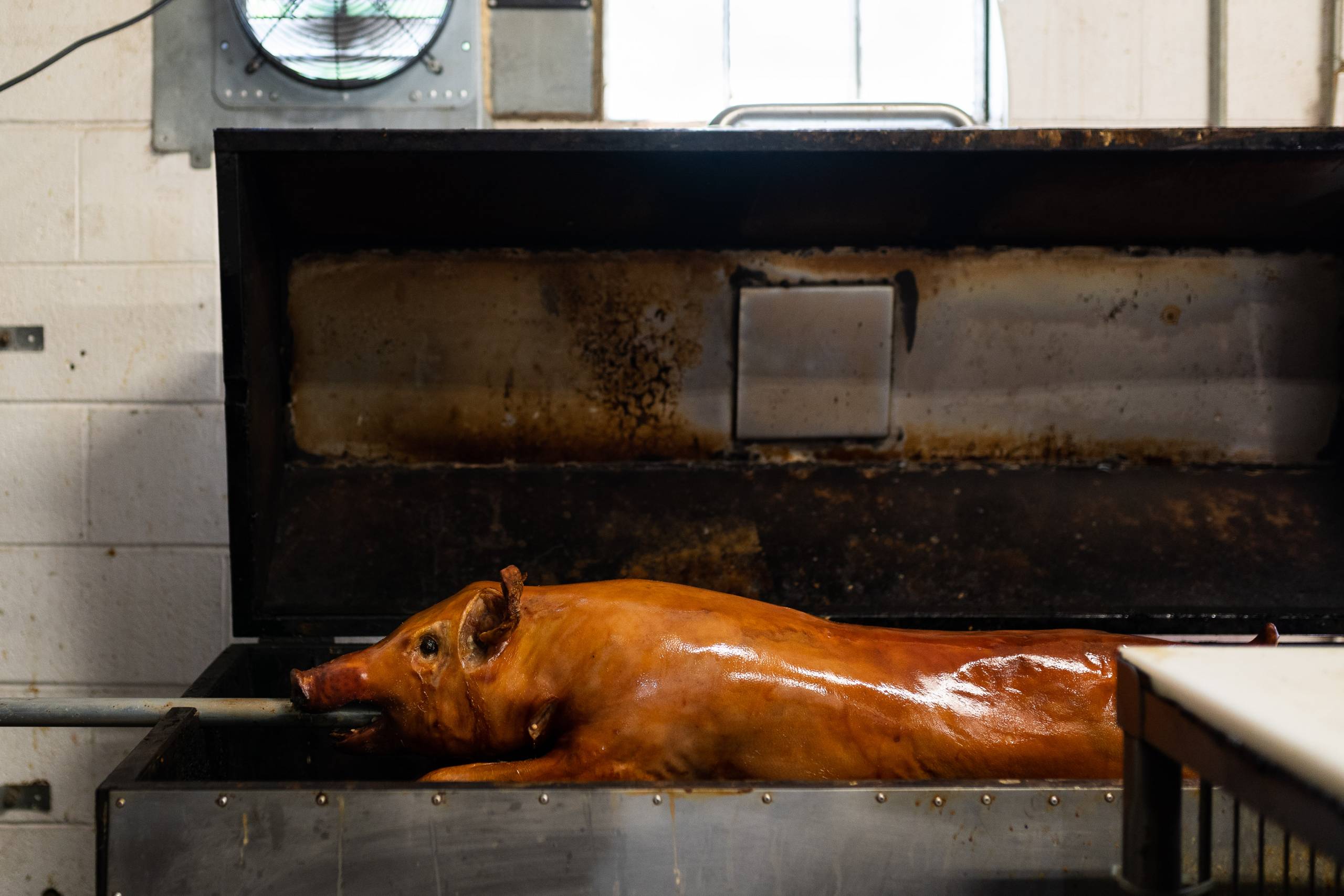 A whole roast pig, its skin golden-brown, still mounted on a spit-roaster.