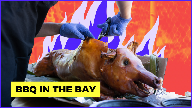 A whole roast pig being carved at the table, its head still intact; an illustration of stylized blue flames shoots up behind it. Text reads, "BBQ in the Bay."