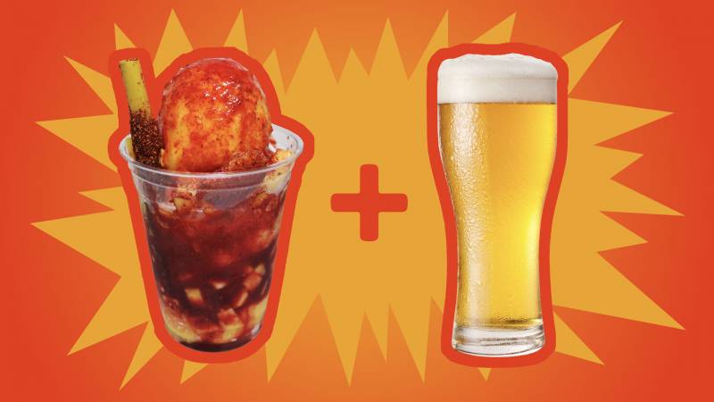 Photoillustration of a mangonada and a glass of beer against an orange "kapow" background, with a plus sign in between.