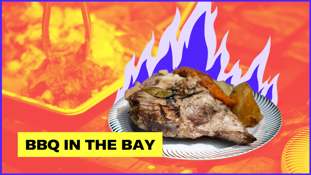 A close-up of a large piece of roasted lamb on the bone, with stylized blue flames against a yellow-orange backdrop. The text reads, "BBQ in the Bay."
