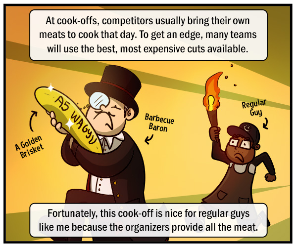 A 19th century-style tycoon runs away carrying a golden piece of brisket (marked "A5 Wagyu") while a regular guy chases him holding a burning torch. Text reads, "At cook-offs, competitors usually bring their own meats to cook that day. To get an edge, many teams will use the best, most expensive cuts available." "Fortunately, this cook-off is nice for regular guys like me because the organizers provide all the meat."