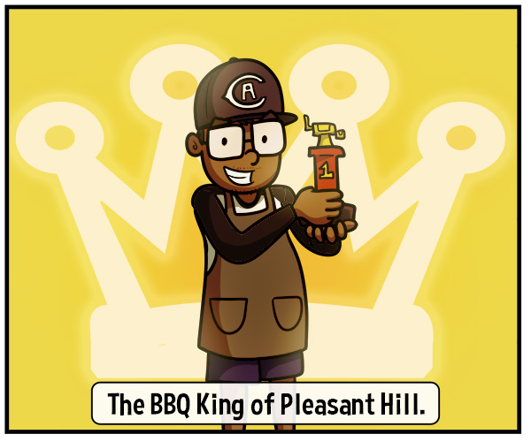 Man holds a trophy with a delighted smile. Text reads, "The BBQ King of Pleasant Hill."