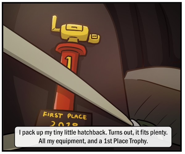 A red and gold first place trophy strapped into the carseat by a seatbelt. Text reads, "I pack up my tiny little hatchback. Turns out, it fits plenty. All my equipment and a 1st place trophy."