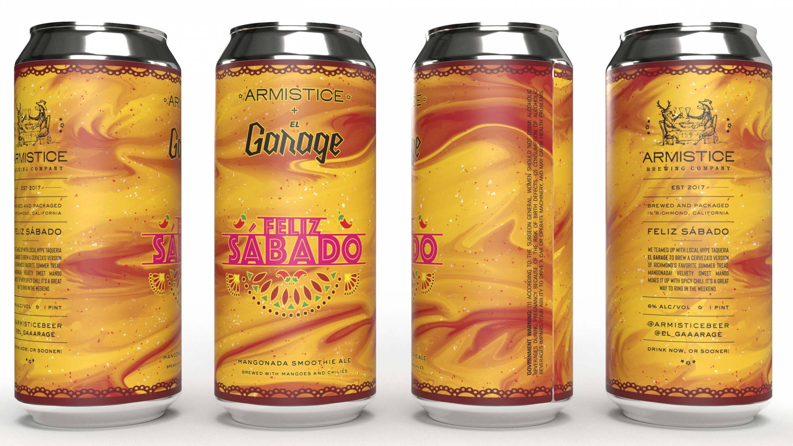 Four cans of beer with an orange and red label; the text on the can reads "Feliz Sabado" and "Armistice + El Garage"