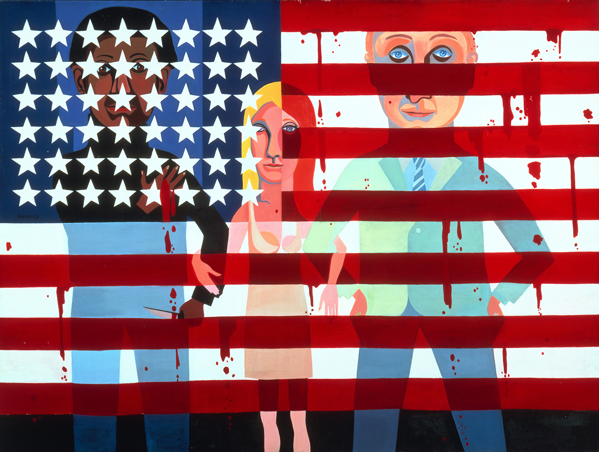 Painting of Black man, white woman and white man against American flag with bleeding red stripes