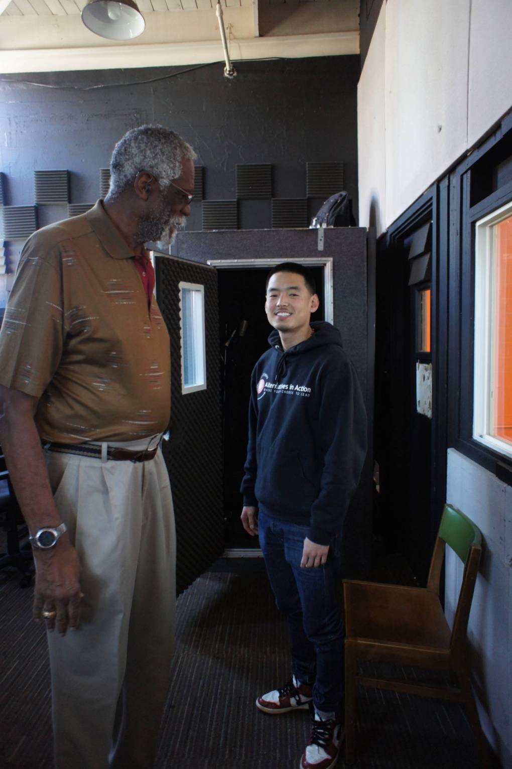 Rapper, producer and educator Azure meets with Mr. Bill Russell in the McClymonds audio program's studio.