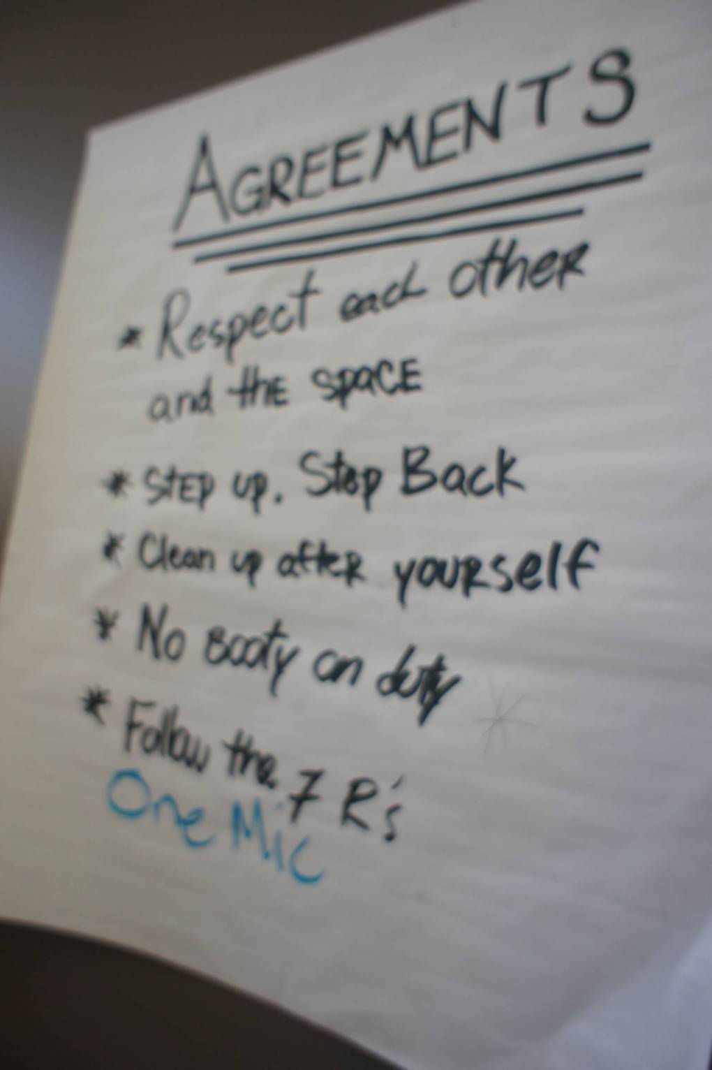 Agreements set by students in the after school space, including "no booty on duty."