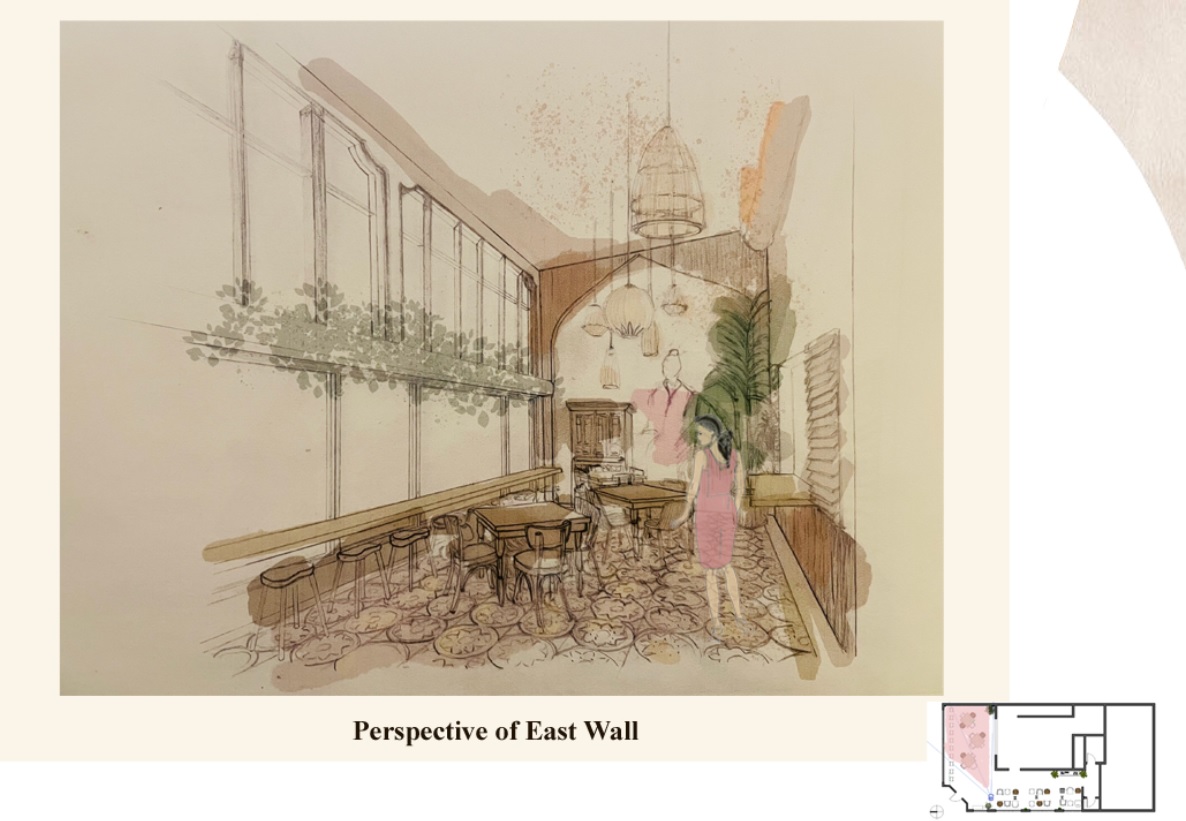 A color sketch of one section of the new Azalina's dining room. Text reads "Perspective of East Wall."
