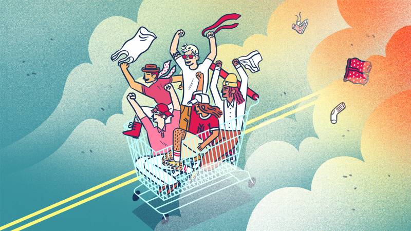 A cartoon rendition of people riding a shopping cart down a street as a cloud of clothes and smoke billows behind them.