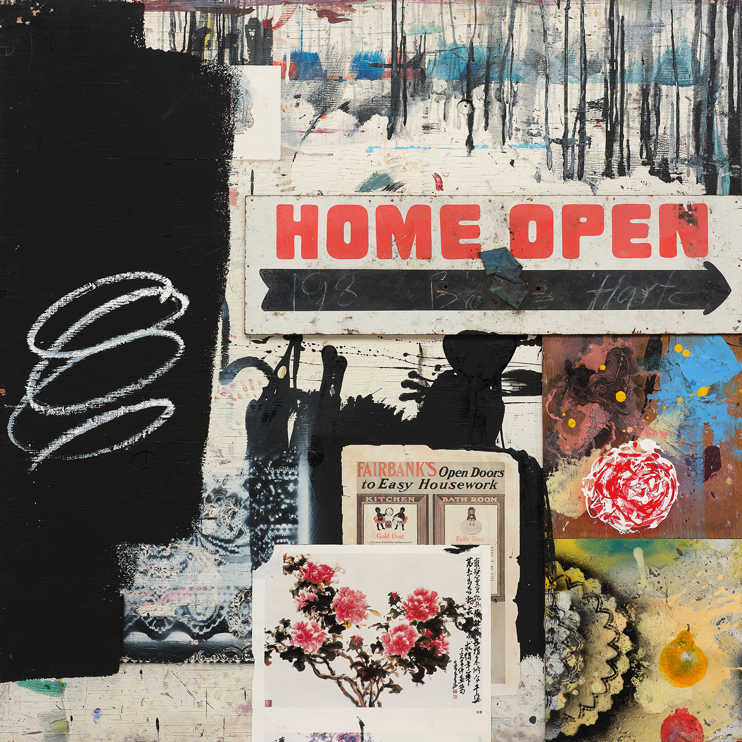Collaged artwork with "home open" sign, flowers and advertisements
