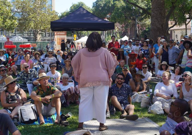 Diunna Greenleaf performs "Hard Times" in front of a captive audience at the 2022 San José Jazz Summer Festival.