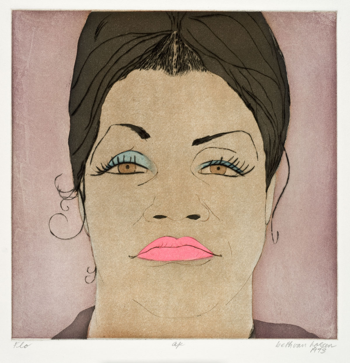 Print of woman's face, pink lips, blue eyeshadow, brown hair up
