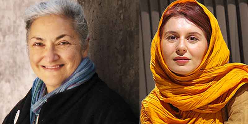 two women smile in side by side portraits, one in a yellow head scarf