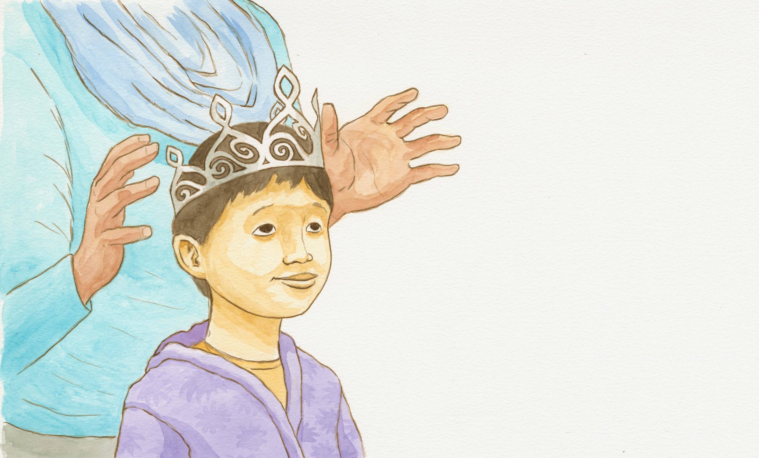 A pair of hands place a princess crown on a young boy.