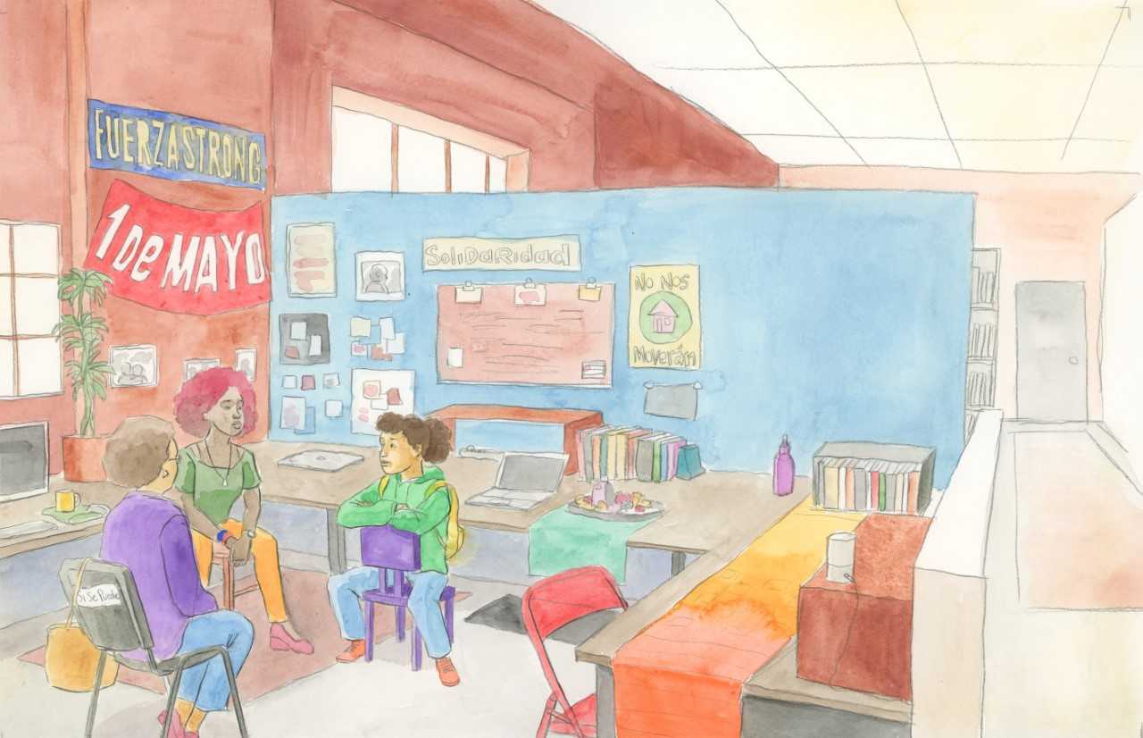 An illustration of a classroom setting with a young brown girl talking to two adults. 