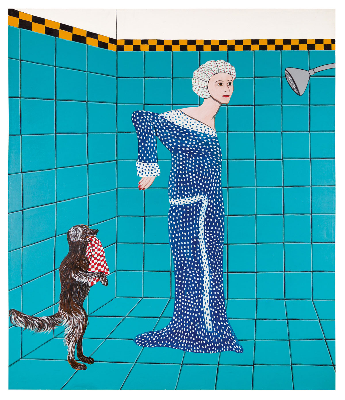 Painting of a woman in a bathrobe in a shower cap in a turquoise tiled shower, a dog stands behind her