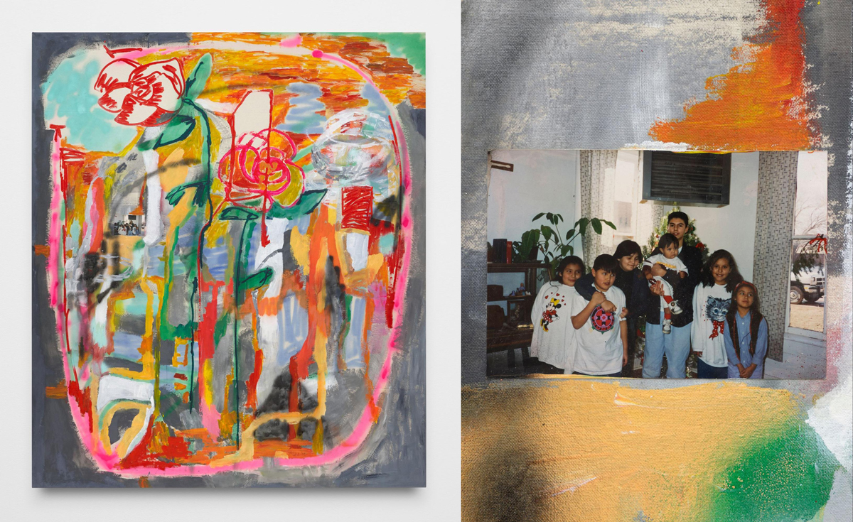 Two images, at left full colorful abstract painting, at right photo of group of children embracing, smiling
