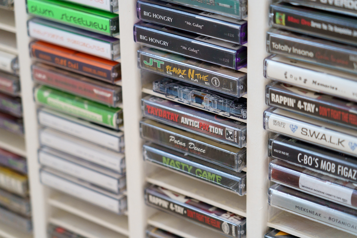 Close-up view of rack of cassettes