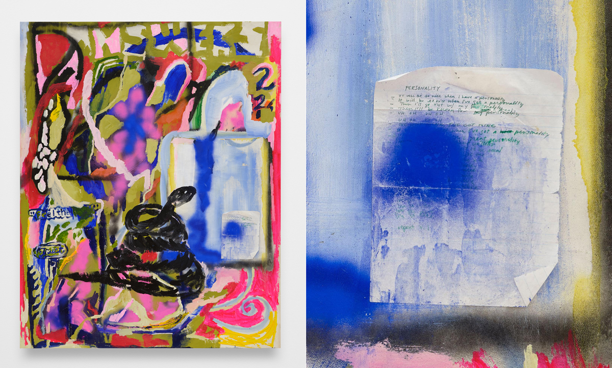 Two images, at left full abstract painting with blues and pinks, at right close-up of handwritten page