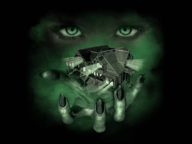 An artist's rendering of the Winchester Mystery House is depicted from above, with green light streaming from its many windows. A woman's green eyes hover above its roof. A clawed hand reaches up from underneath.
