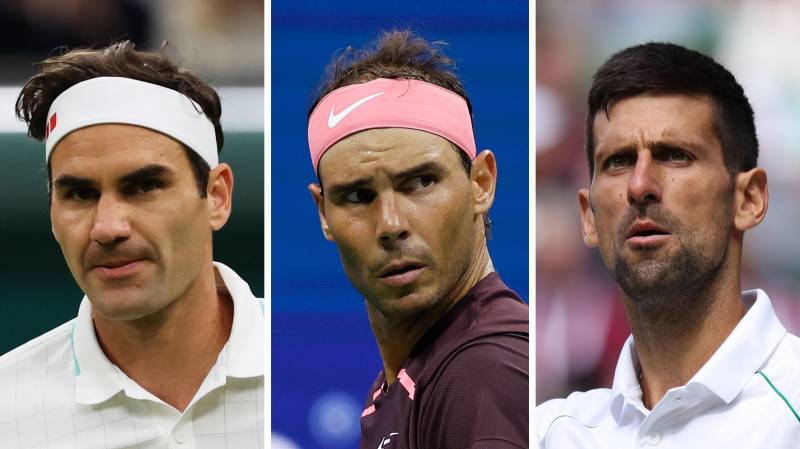 Three tennis players viewed from the shoulders up. Two are wearing headbands.