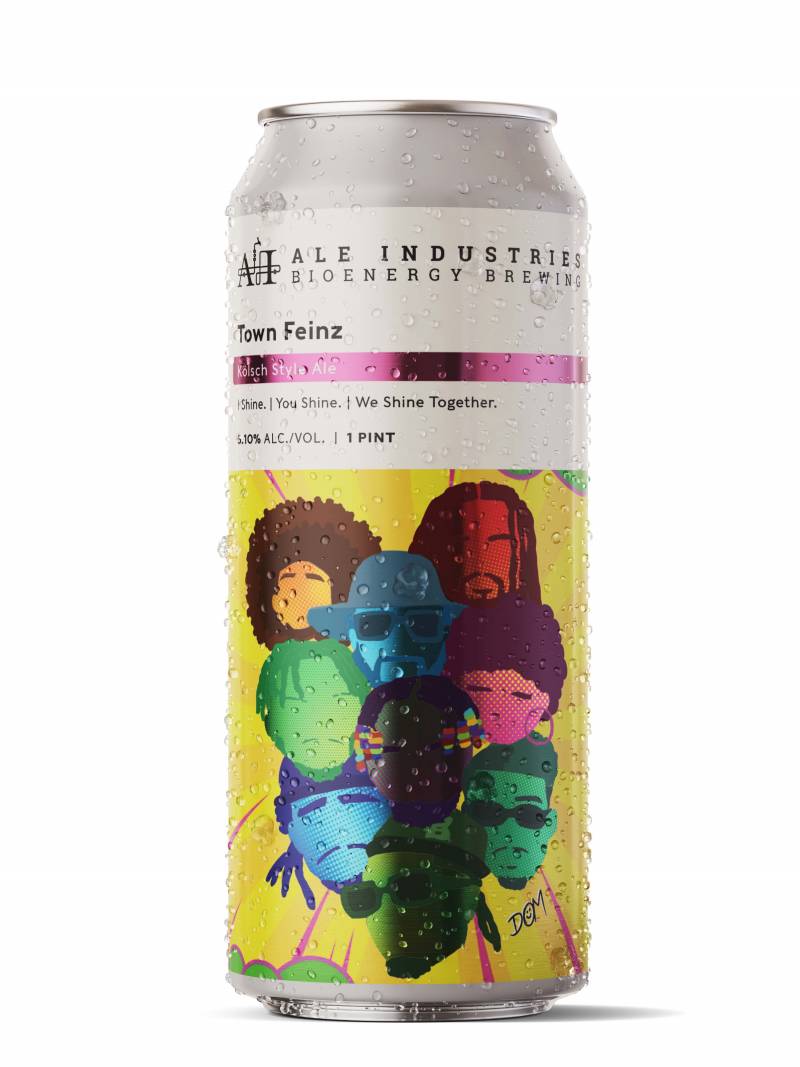 a white beer can with a colorful image of the facial silhouettes of local dancers and information about the beer