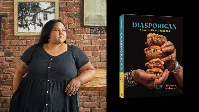 A split image with the author's headshot (a woman leaning against a counter in front of a brick wall) on the left and a book cover on the right—the text reads: "Diasporican: A Puerto Rican Cookbook."