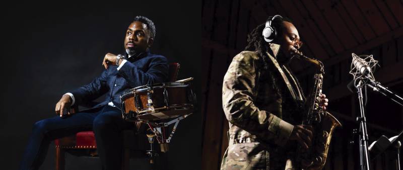 a man at the drums and a man playing saxophone, in diptych