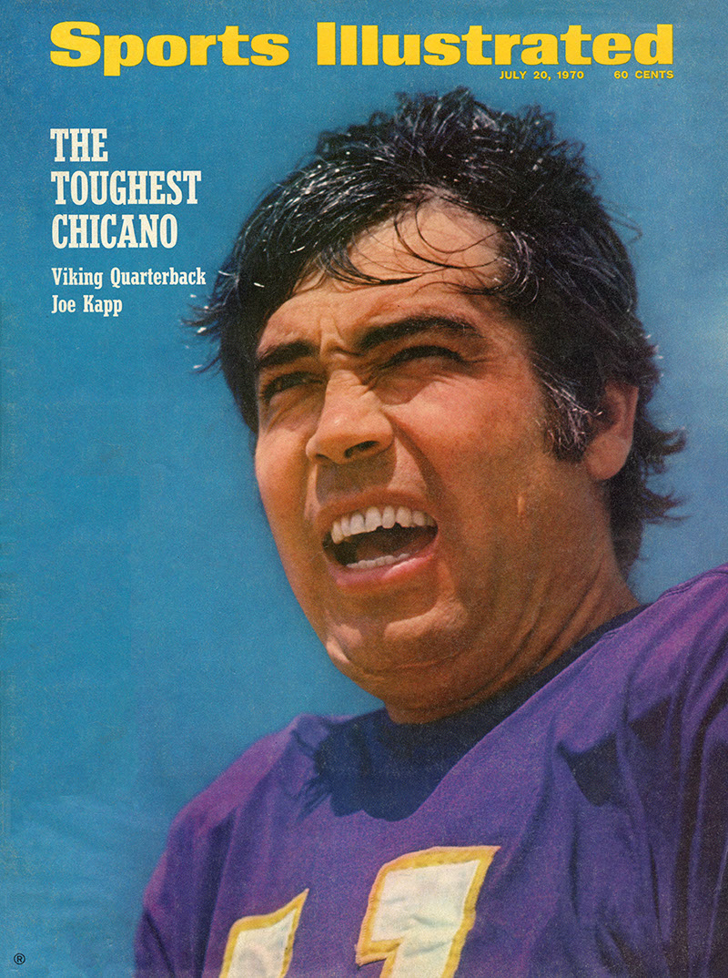 a blue magazine cover with a football player with black hair in a purple jersey, and the words 'The Toughest Chicano,' Viking Quarterback Joe Kapp
