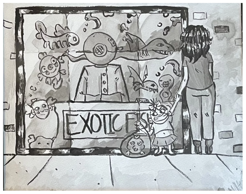 A cartoon depicting a woman and child staring into a window display marked 'EXOTIC FISH'. One of the fish has a human face. The child holds a bag containing a fish that looks oddly human, while she has a face that resembles a fish.