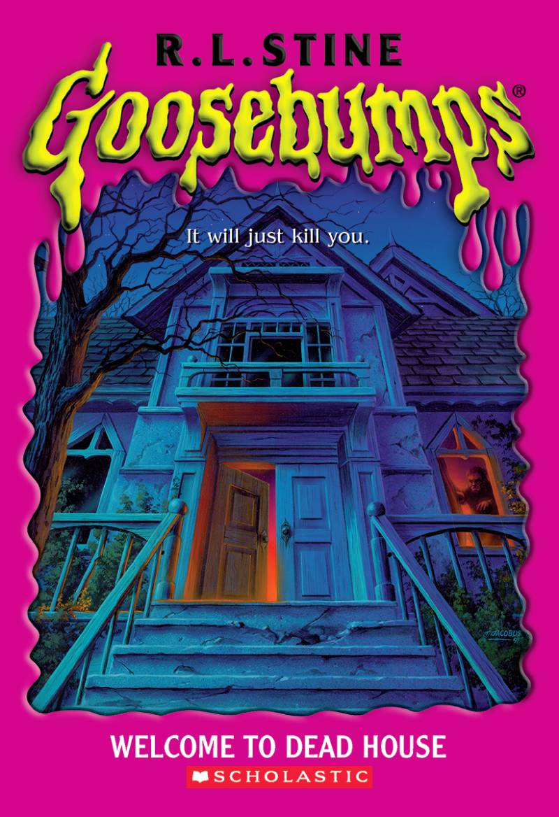 A pink and purple book cover decorated with a forboding haunted house.