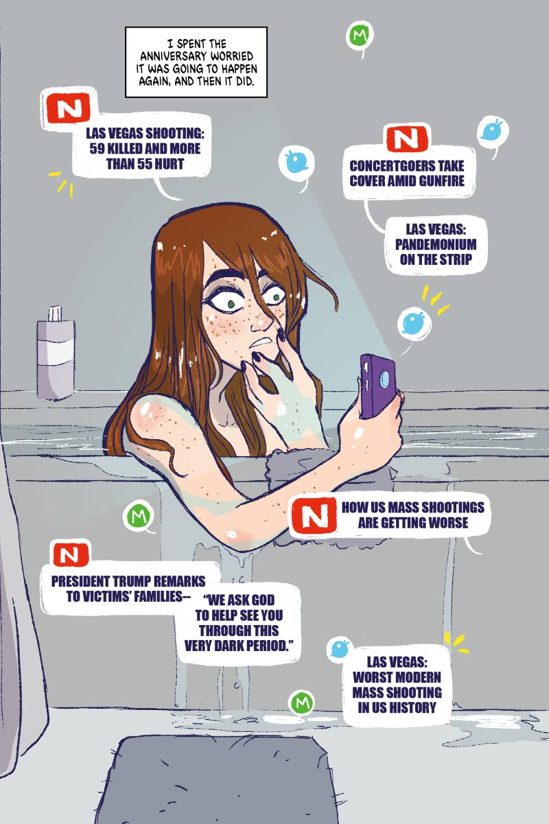 Artwork shows a stressed looking young woman sitting in the bath reading stories on her phone about mass shootings.