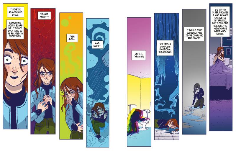 Eight slender panels across two pages of a comic book, depicting a young woman in crisis.