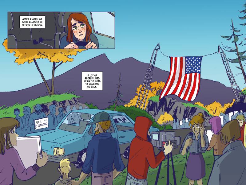 Artwork depicts a young women nervously driving back to school one week after a mass shooting, the road lined with TV cameras and reporters.