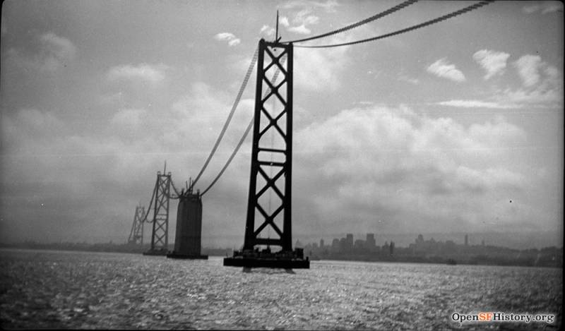 The Bay Bridge's towers and cables stand in the Bay, but have no roadways.