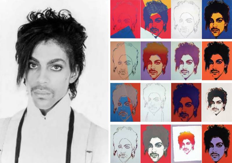A portrait of Prince taken by Lynn Goldsmith (left) in 1981 and 16 silk-screened images Andy Warhol later created using the photo as a reference.
