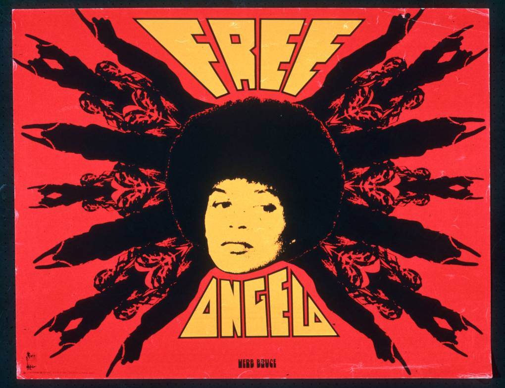 Image of Angela Davis on red background with words "Free" and "Angela" in yellow