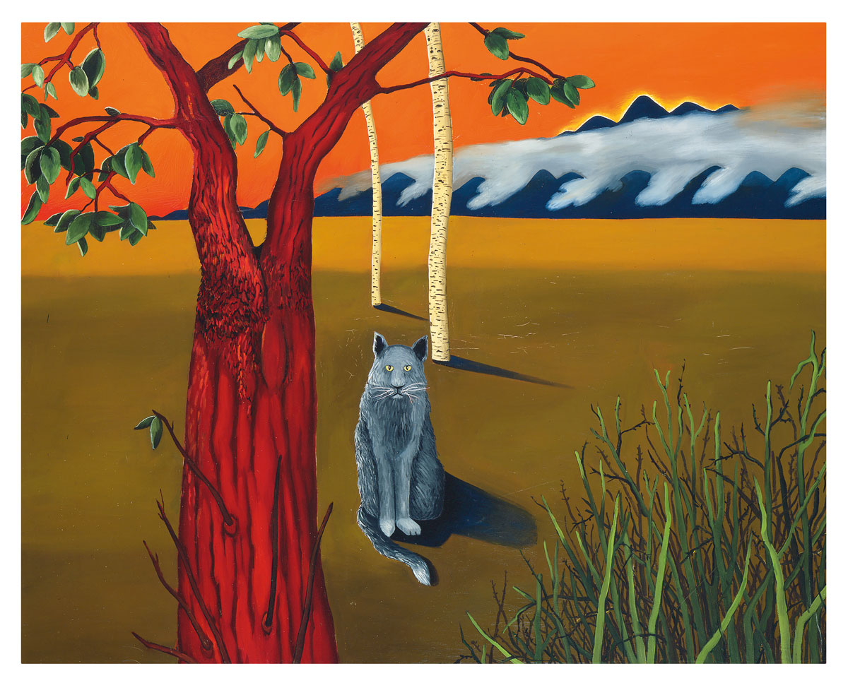 Painting of gray cat in center of fantastical brightly colored landscape