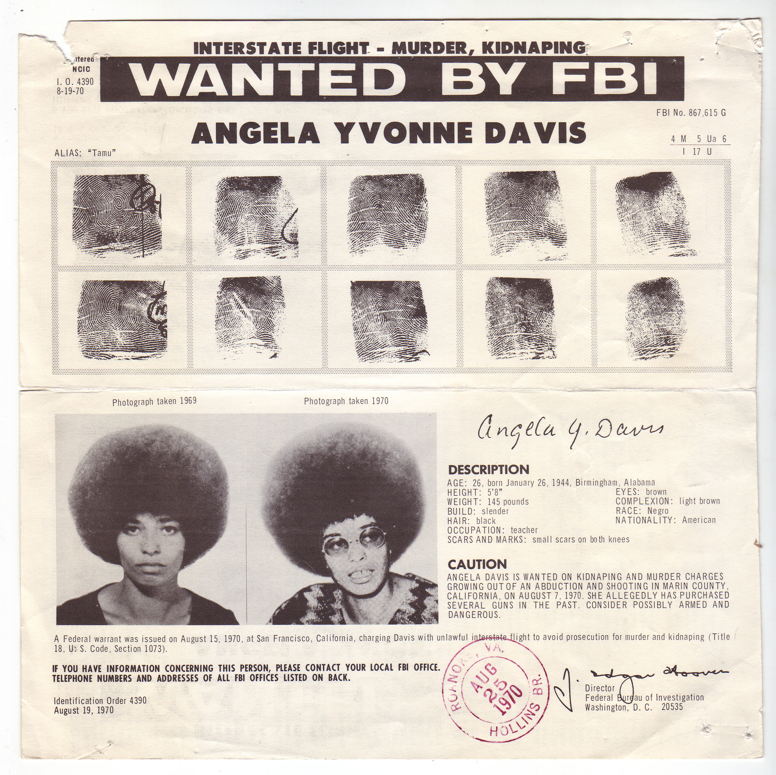 Black and white image of wanted poster with fingerprints and pictures