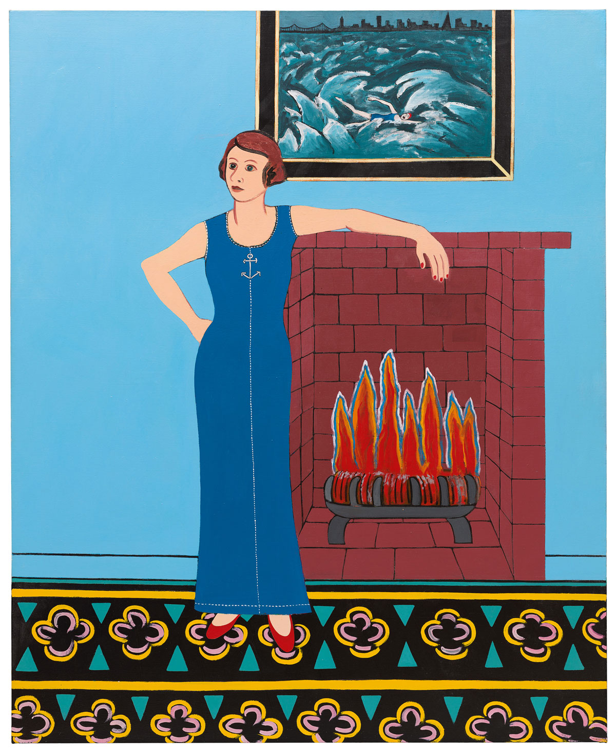 Painting of woman in blue dress standing beside fireplace with painting above