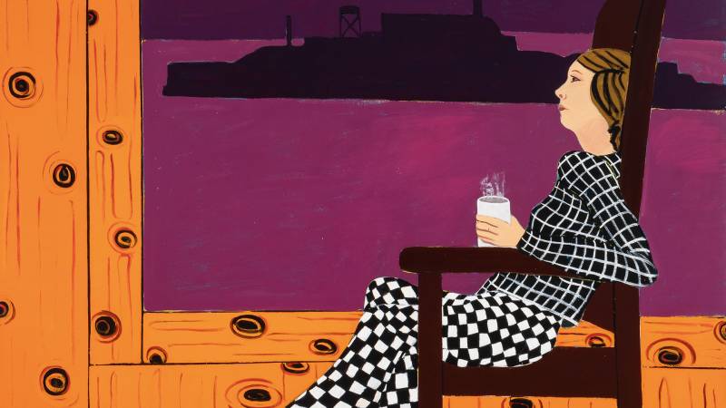 Painting of woman in chair with hot drink Alcatraz outside window