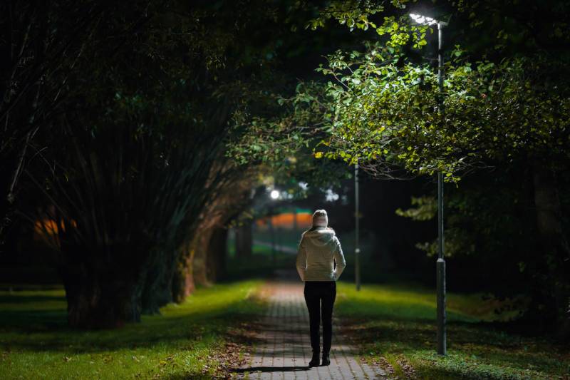 A young woman, back to the camera, walks alone at night, illuminated by a lamp along a park path