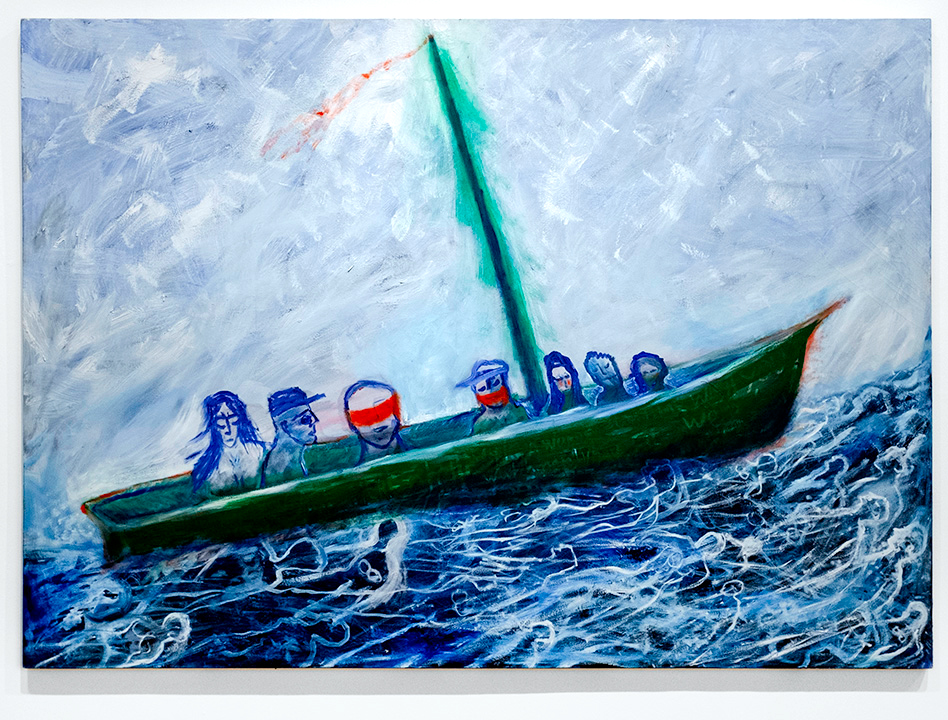Painting of people in boat without sail, one blindfolded, one gagged