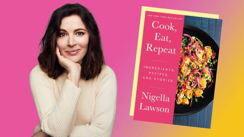 Photo of author with her chin resting on her hand against a pink backdrop. Next to her is an image of the cover of the cookbook 'Cook, Eat, Repeat.'