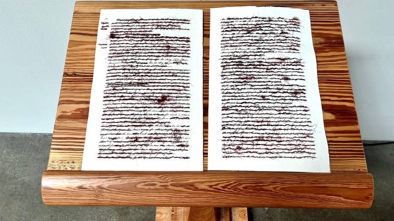 Two pages of text on white paper with dark read threads sewn through most of the words