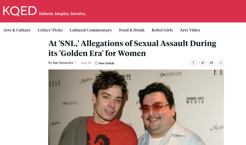A screenshot of a KQED Arts article titled 'At SNL, Allegations of Sexual Assault During Its Golden Era for Women.
