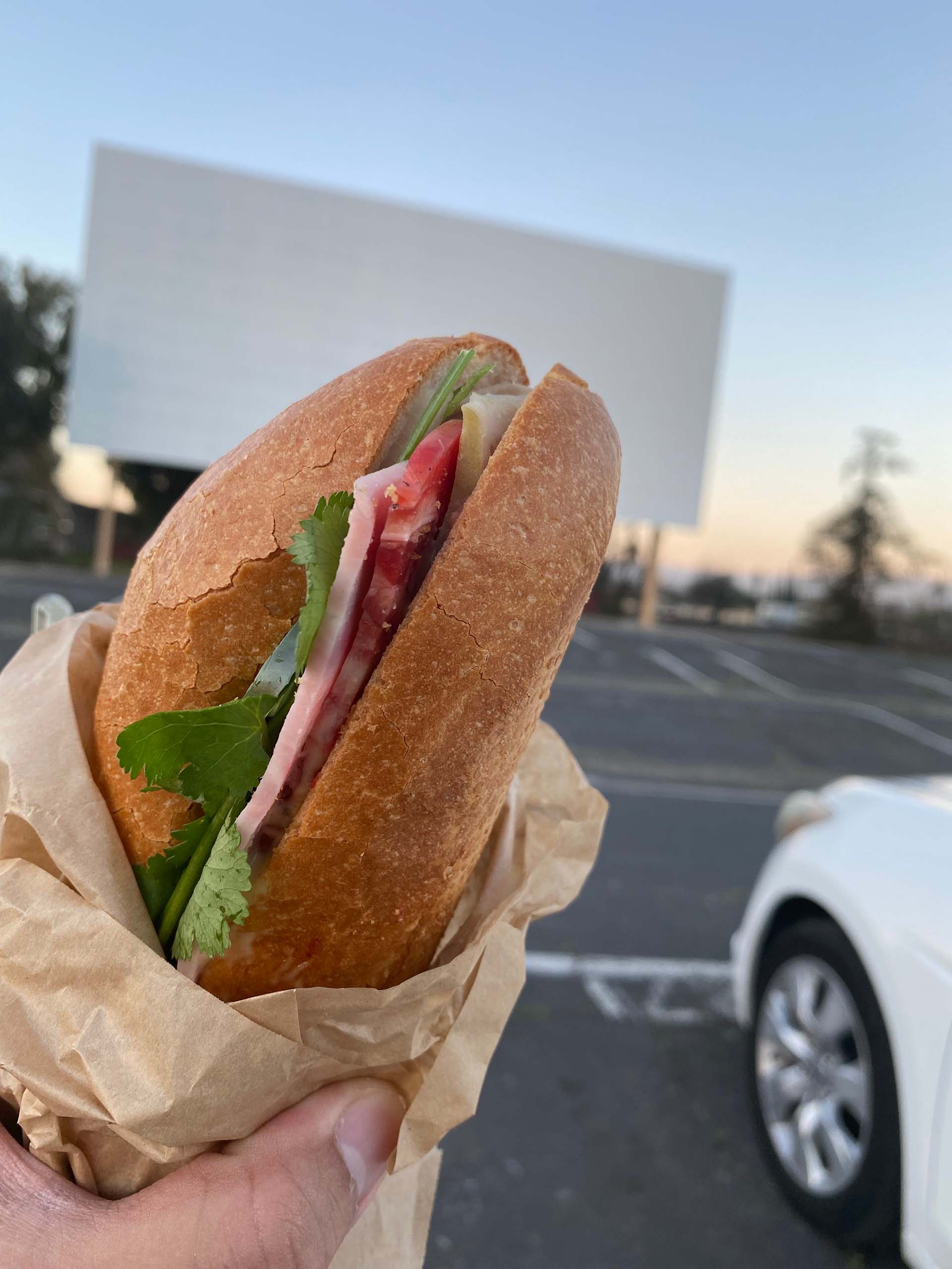 A banh mi sandwich held up with a drive-in theater movie screen in the background.