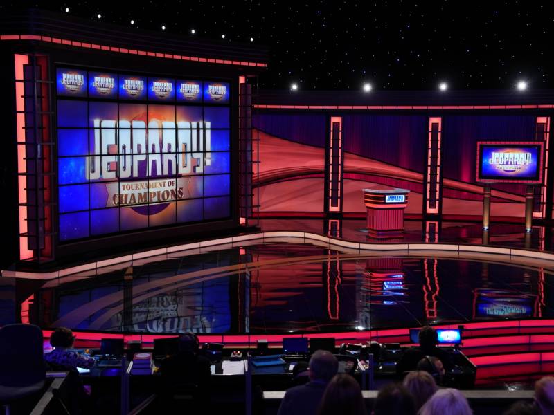 A broad view of the 'Jeopardy!' game show set.